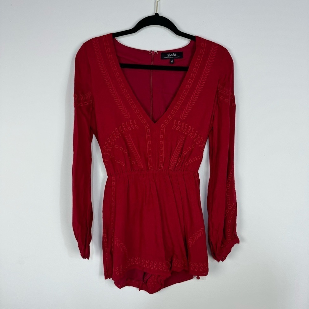 Lulu's Red Deep v Plunge Embroidered Long Sleeve Romper Jumper Boho Bohemian